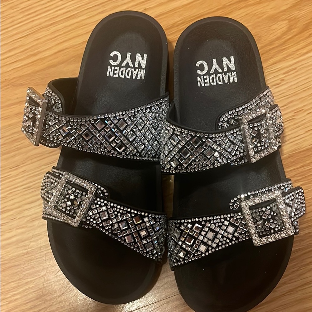 Girls Madden NYC Black Sandals with Rhinestone Buckles size 13